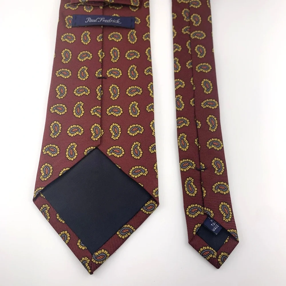Paul Fredrick Mens Tie Burgundy Yellow Green Paisley‎ 100% Silk Repp Necktie